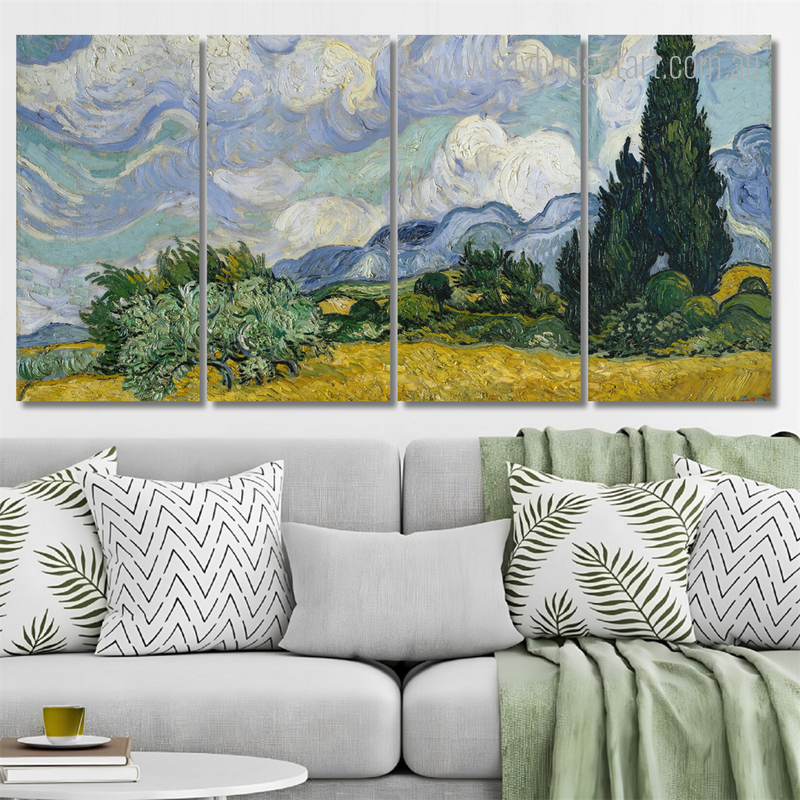 Wheat Field With Cypresses Naturescape Modern Framed Painting Image 4 Piece Canvas Wall Art Set Australia For Home Décor